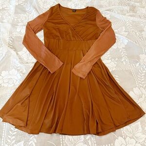 SHEIN Rust Brown Long-Sleeve V-Neck Fit & Flare Dress